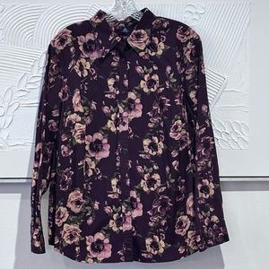 Chaps Women's Long Sleeve SZ 1X Plum Floral Button Top Shirt Blouse 100% Cotton